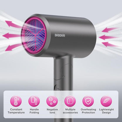 BABONIR 1875W Ionic Hair Dryer - Quick-Dry, Frizz Reduction, Lightweight & Foldable Design for Effortless Styling