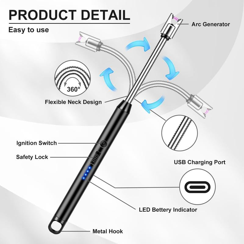 USB Rechargeable Electric Ignition Rod Wind Resistant Arc Shaped with LED Display for Barbecues Camping Fireplaces Random Color