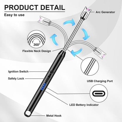USB Rechargeable Electric Ignition Rod Wind Resistant Arc Shaped with LED Display for Barbecues Camping Fireplaces Random Color